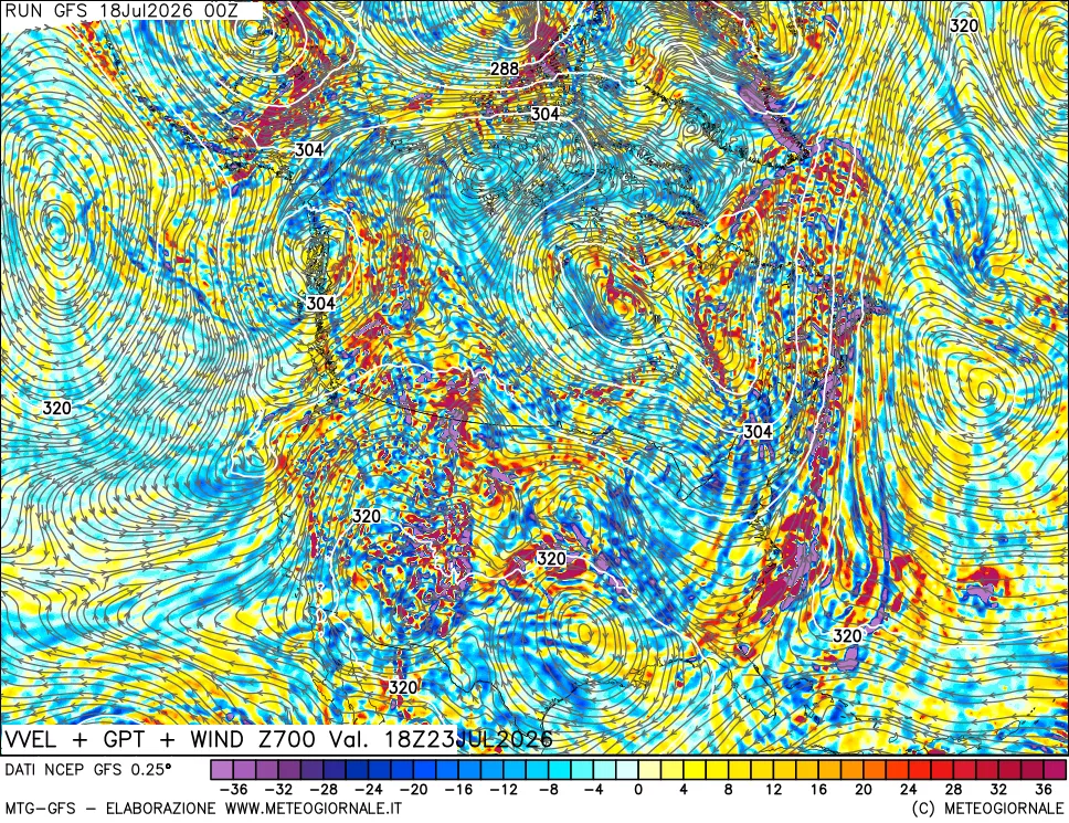 mappa 700 hPa Velocit&agrave; verticiali + GPT + Vento