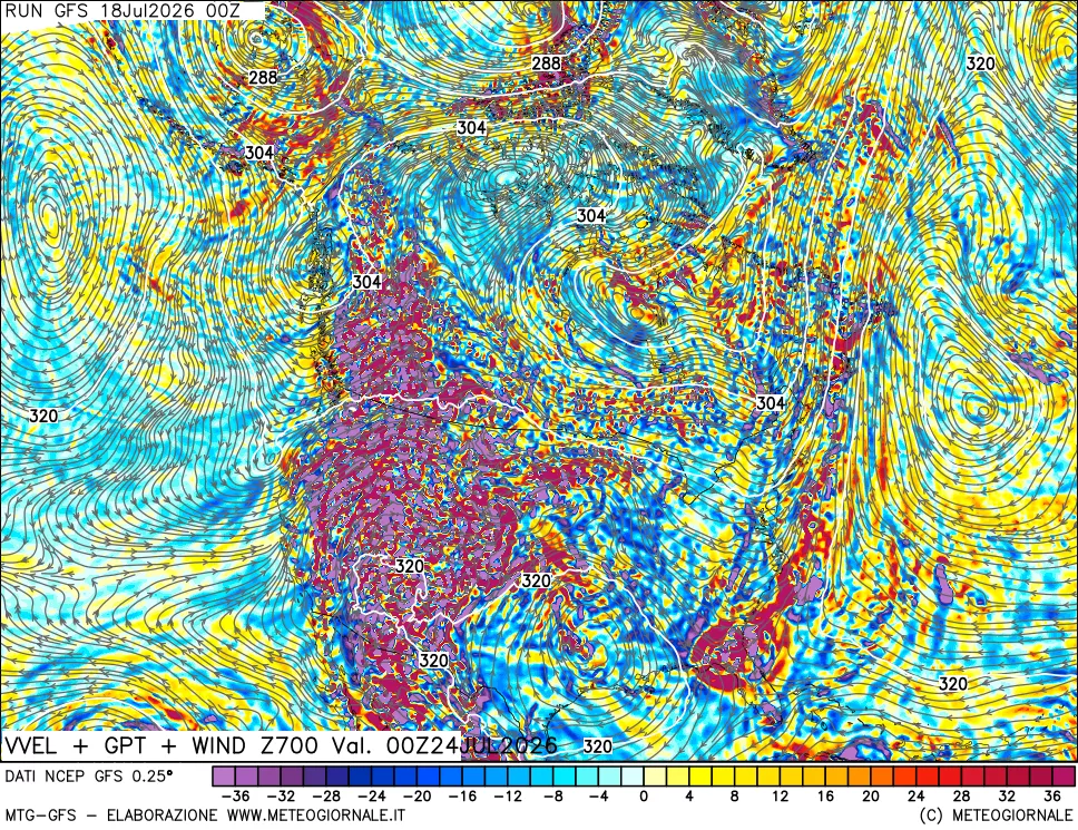 mappa 700 hPa Velocit&agrave; verticiali + GPT + Vento