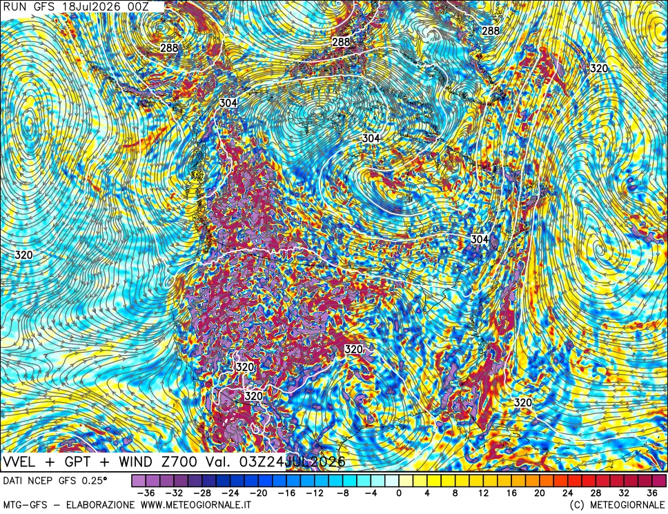 mappa 700 hPa Velocit&agrave; verticiali + GPT + Vento