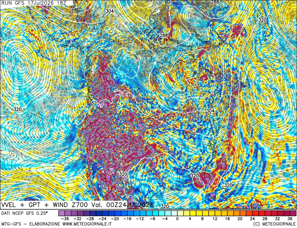 mappa 700 hPa Velocit&agrave; verticiali + GPT + Vento