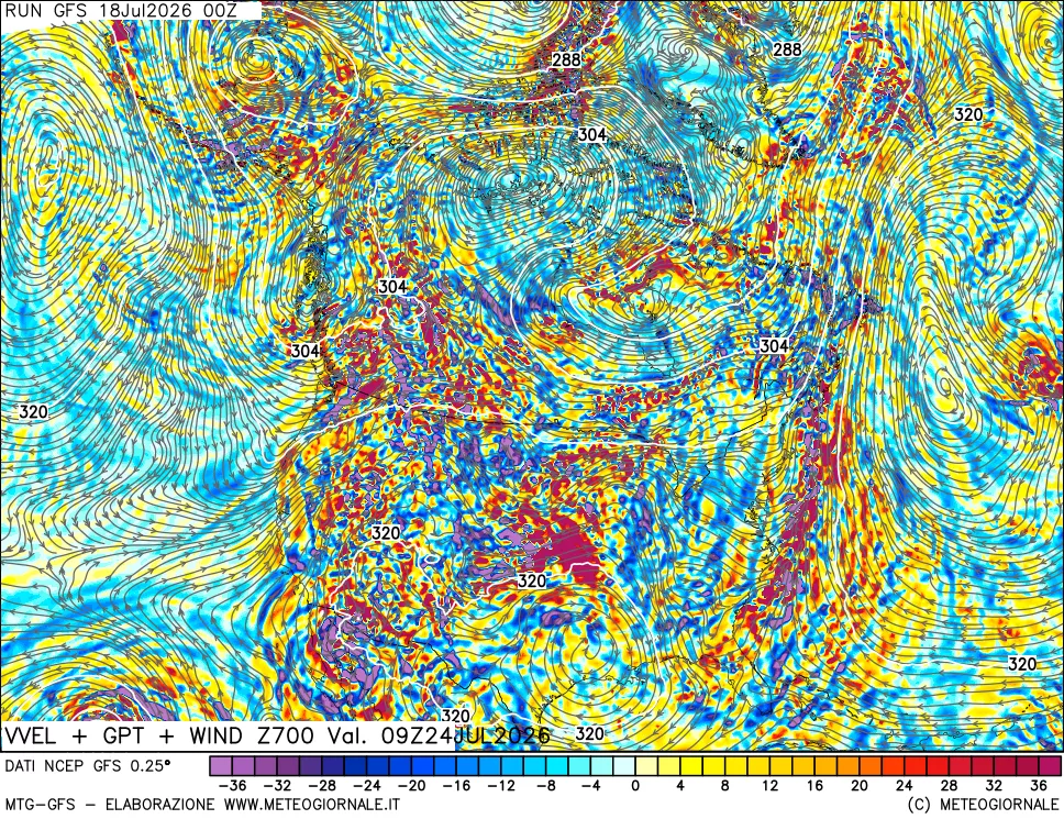 mappa 700 hPa Velocit&agrave; verticiali + GPT + Vento