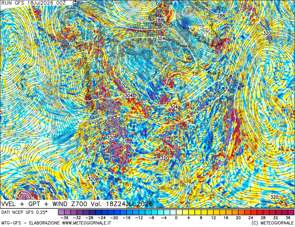 mappa 700 hPa Velocit&agrave; verticiali + GPT + Vento
