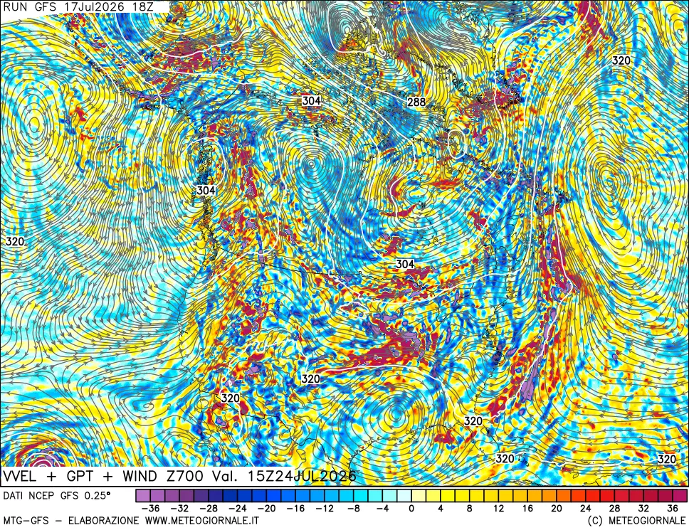 mappa 700 hPa Velocit&agrave; verticiali + GPT + Vento