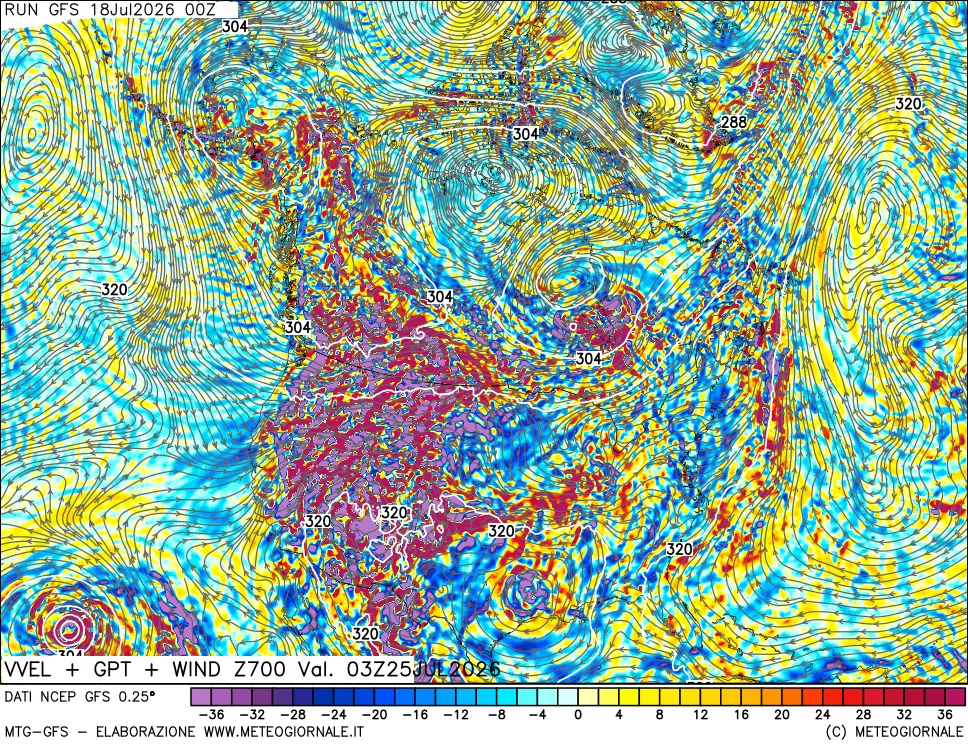 mappa 700 hPa Velocit&agrave; verticiali + GPT + Vento