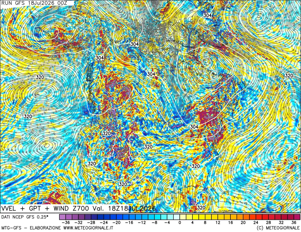 mappa 700 hPa Velocit&agrave; verticiali + GPT + Vento