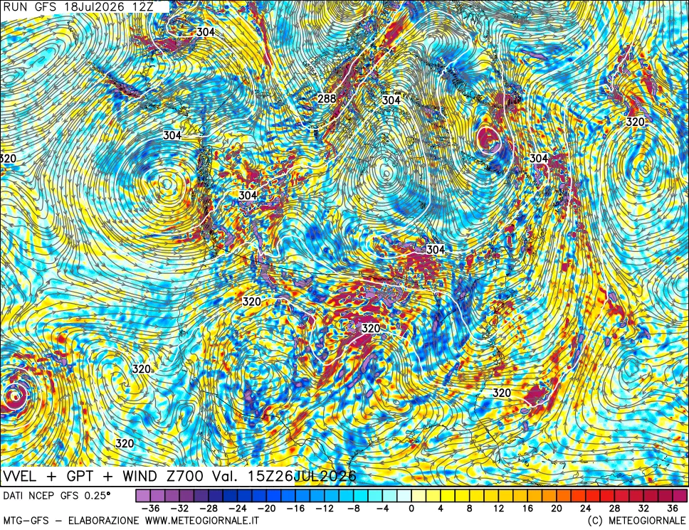 mappa 700 hPa Velocit&agrave; verticiali + GPT + Vento