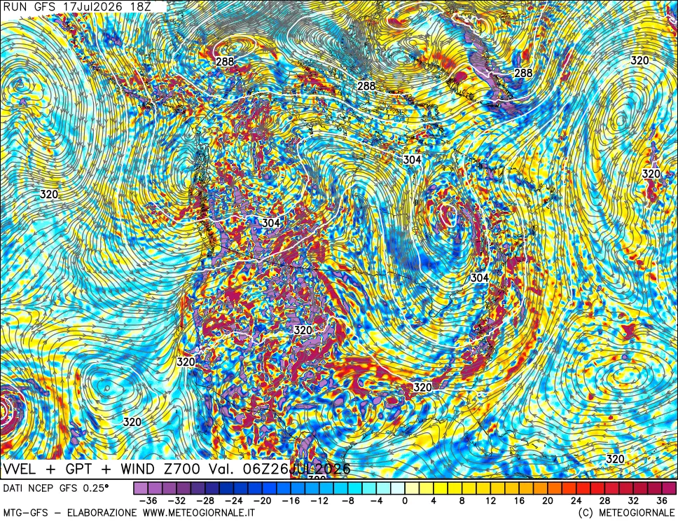 mappa 700 hPa Velocit&agrave; verticiali + GPT + Vento
