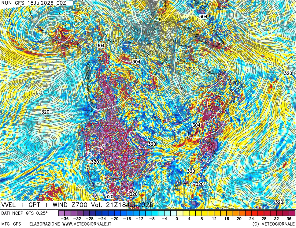 mappa 700 hPa Velocit&agrave; verticiali + GPT + Vento
