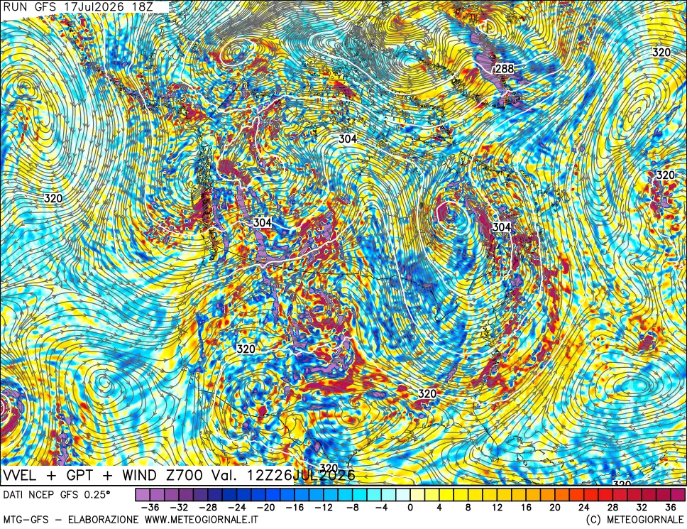 mappa 700 hPa Velocit&agrave; verticiali + GPT + Vento