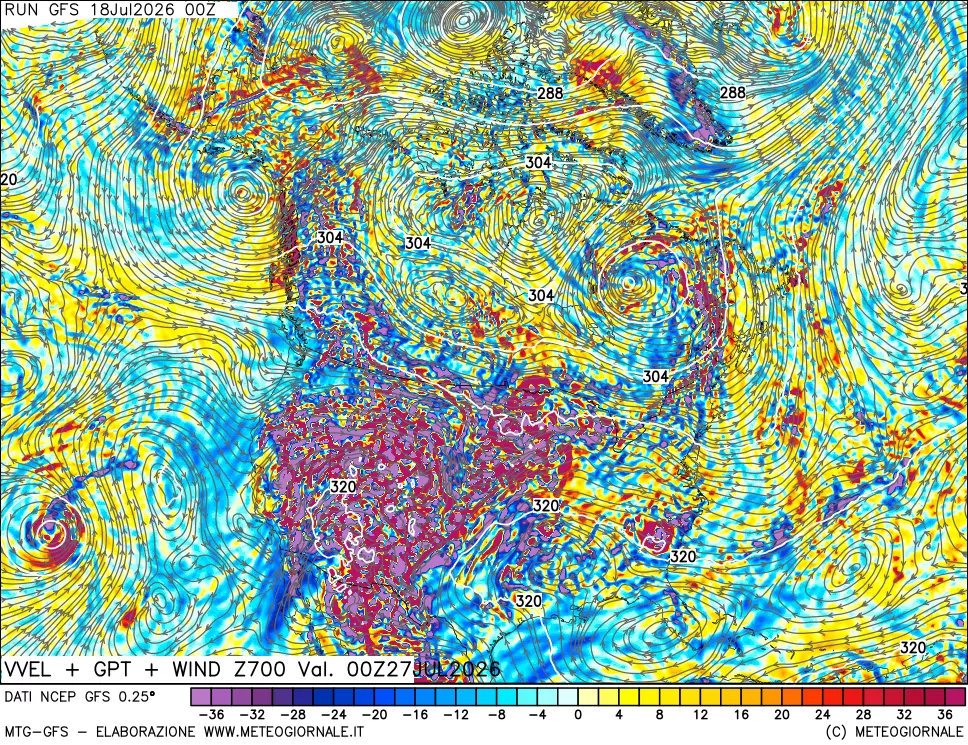 mappa 700 hPa Velocit&agrave; verticiali + GPT + Vento