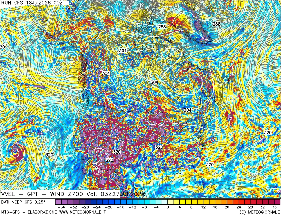 mappa 700 hPa Velocit&agrave; verticiali + GPT + Vento