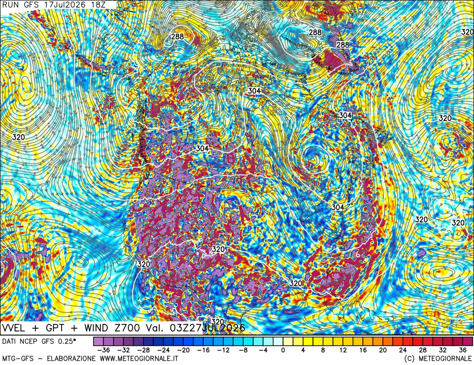 mappa 700 hPa Velocit&agrave; verticiali + GPT + Vento