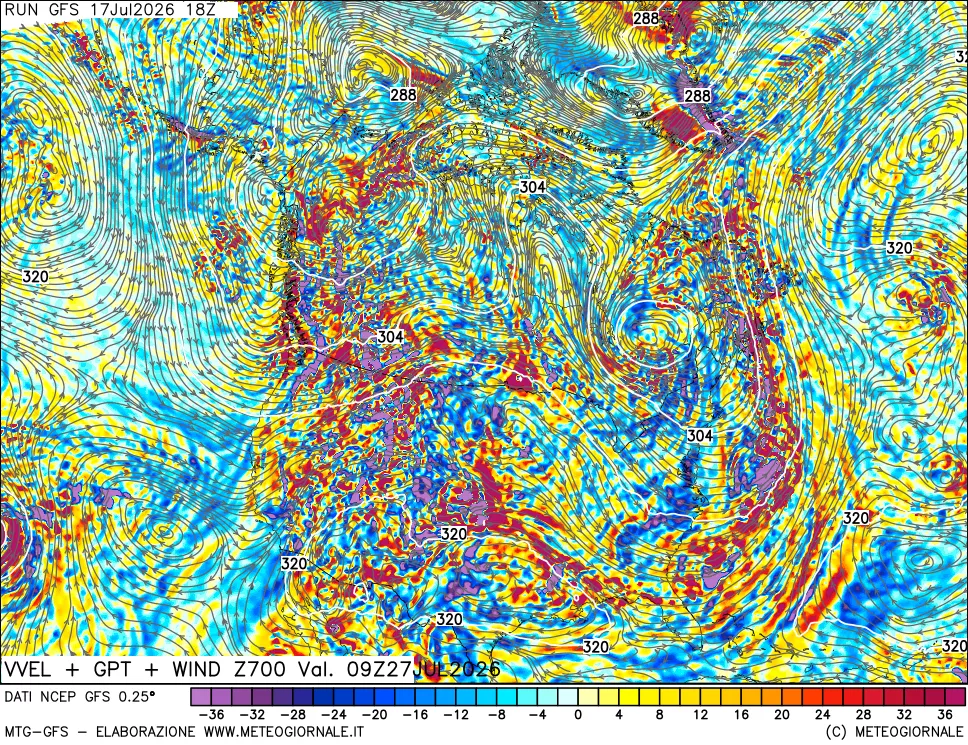 mappa 700 hPa Velocit&agrave; verticiali + GPT + Vento