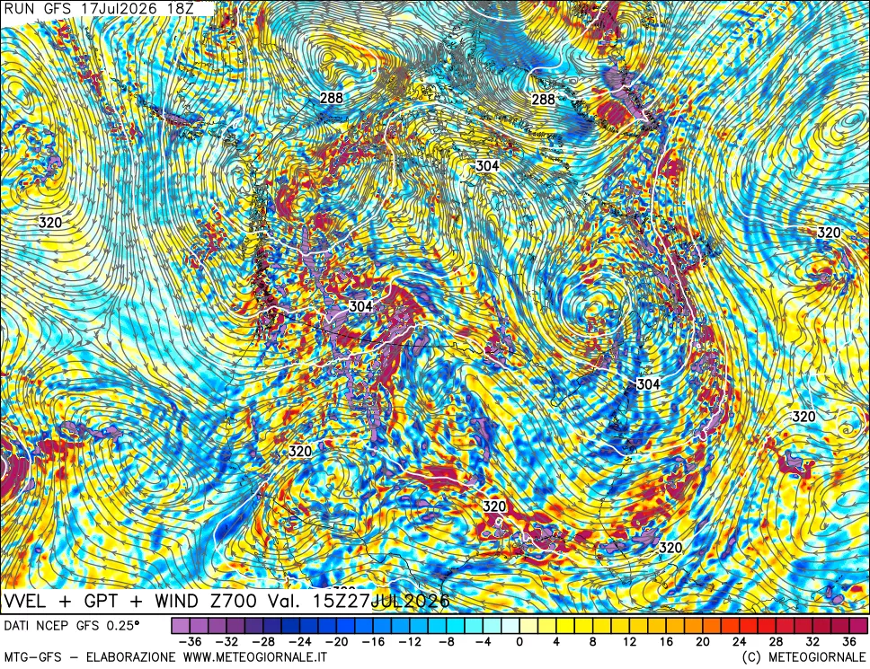 mappa 700 hPa Velocit&agrave; verticiali + GPT + Vento