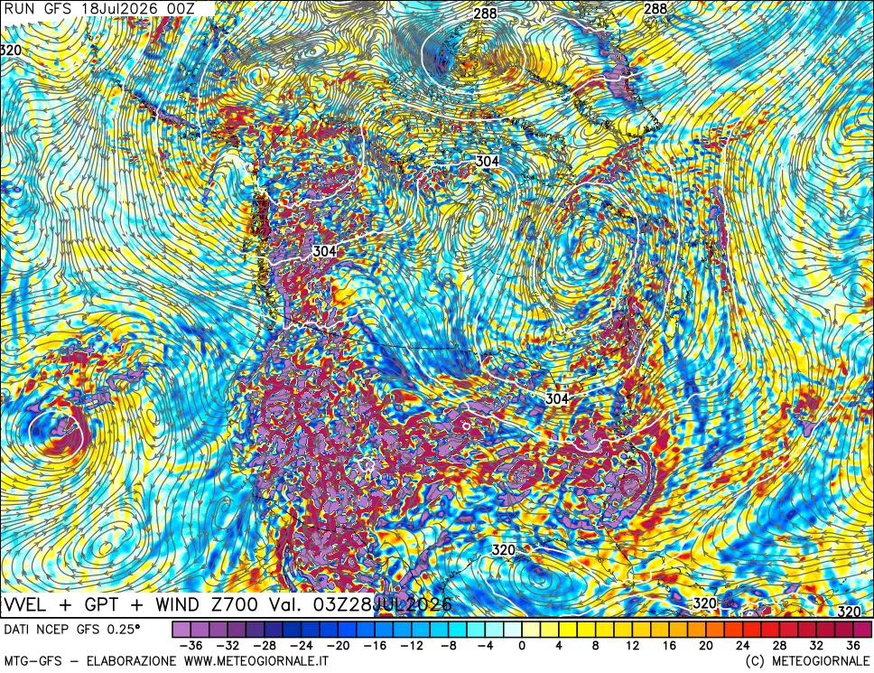 mappa 700 hPa Velocit&agrave; verticiali + GPT + Vento