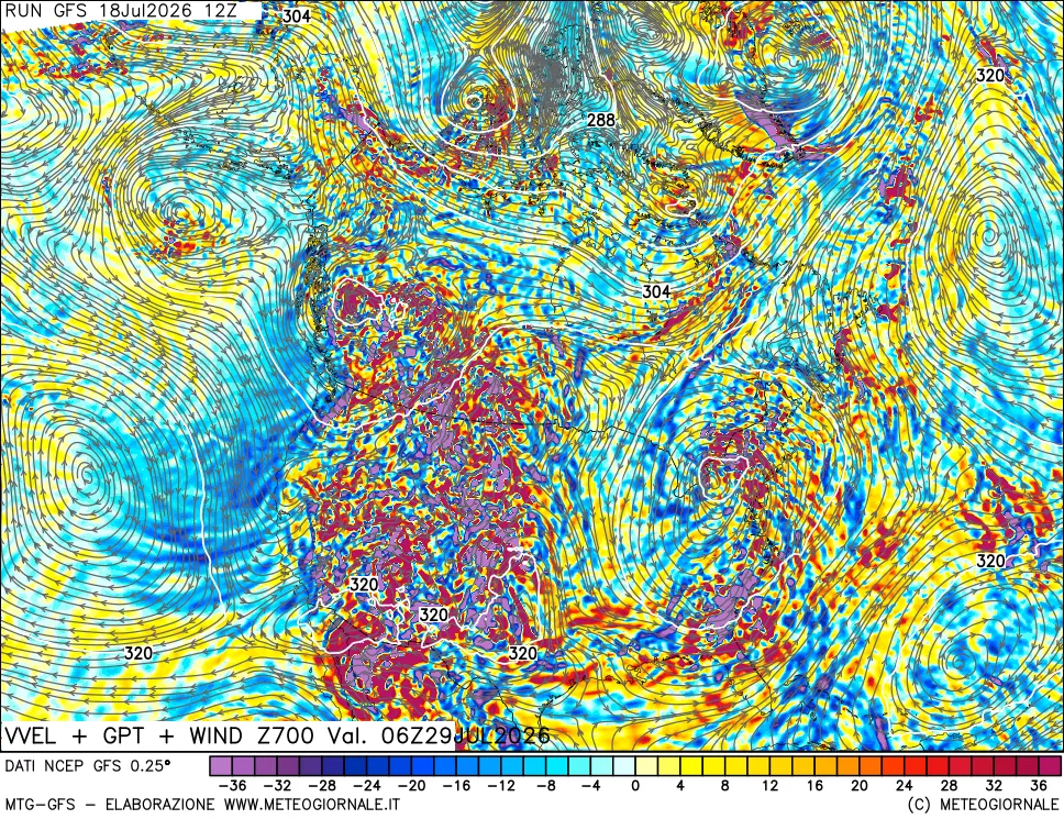 mappa 700 hPa Velocit&agrave; verticiali + GPT + Vento