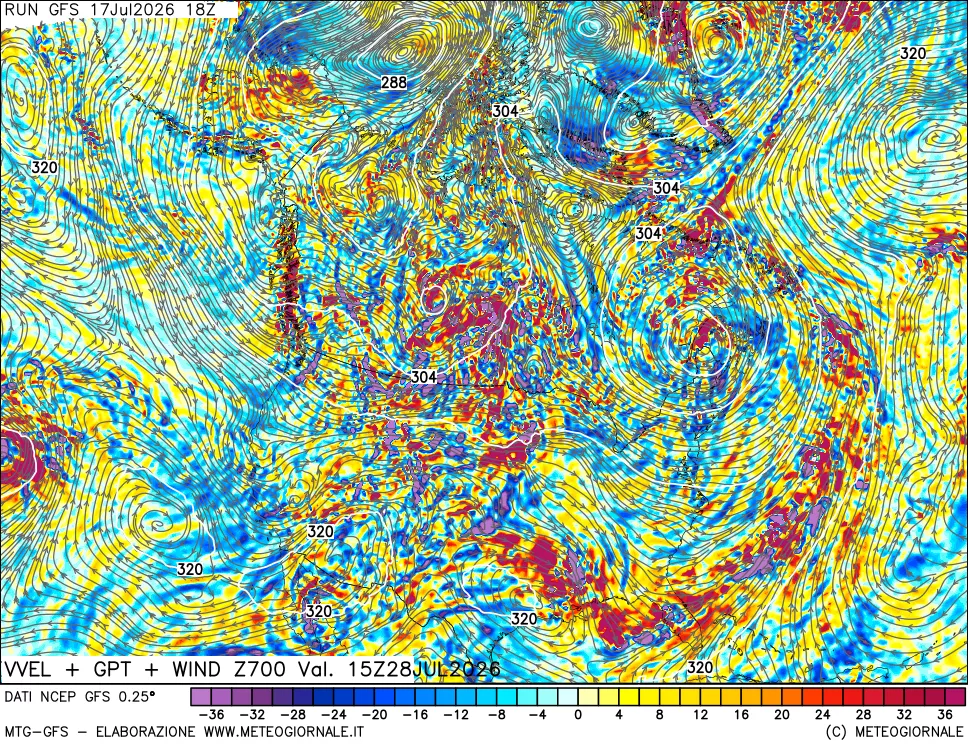 mappa 700 hPa Velocit&agrave; verticiali + GPT + Vento