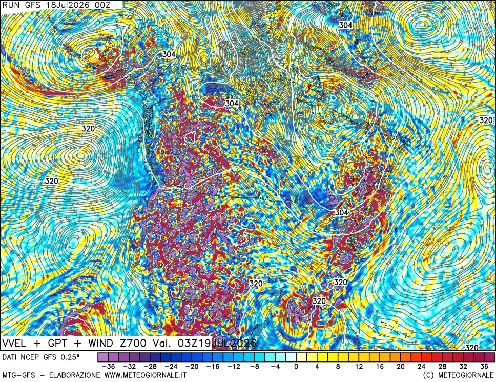mappa 700 hPa Velocit&agrave; verticiali + GPT + Vento