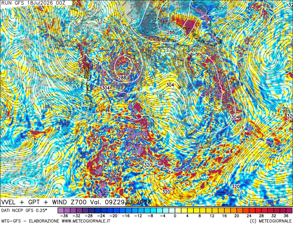 mappa 700 hPa Velocit&agrave; verticiali + GPT + Vento