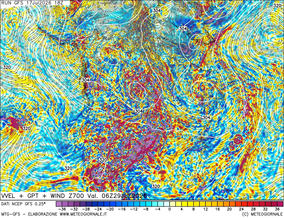 mappa 700 hPa Velocit&agrave; verticiali + GPT + Vento