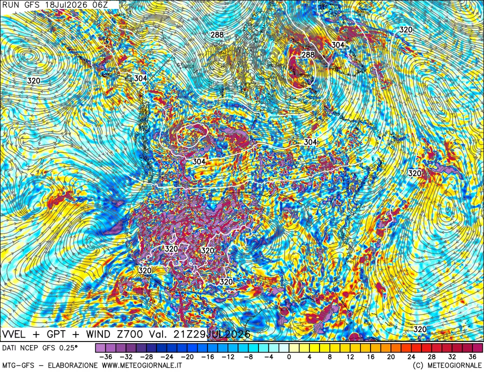 mappa 700 hPa Velocit&agrave; verticiali + GPT + Vento
