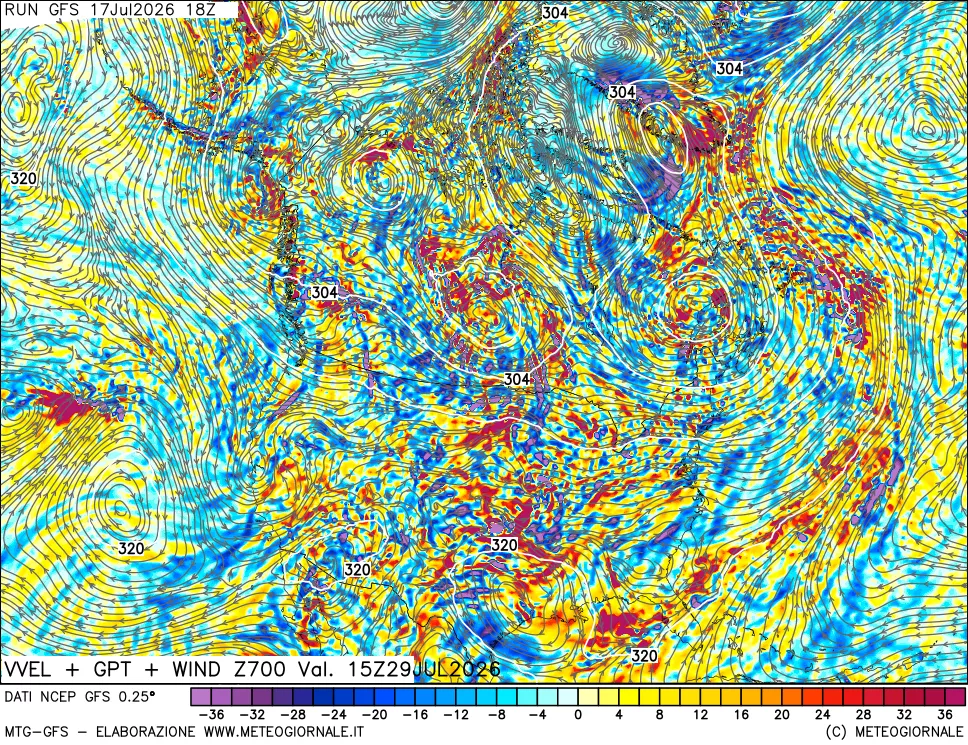 mappa 700 hPa Velocit&agrave; verticiali + GPT + Vento