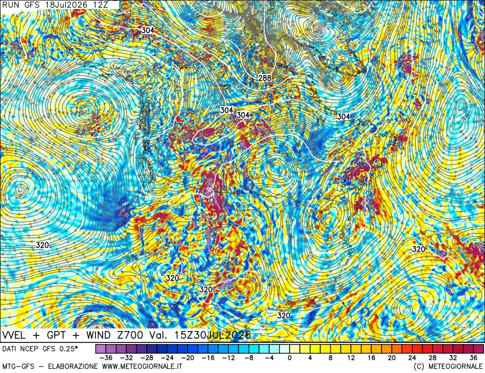 mappa 700 hPa Velocit&agrave; verticiali + GPT + Vento