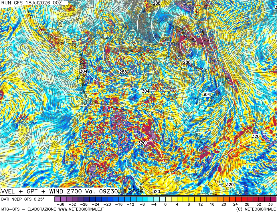 mappa 700 hPa Velocit&agrave; verticiali + GPT + Vento
