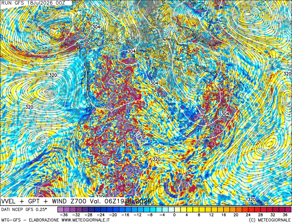 mappa 700 hPa Velocit&agrave; verticiali + GPT + Vento