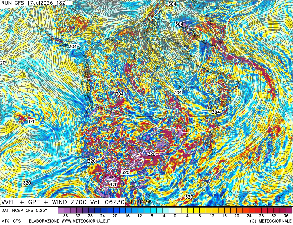 mappa 700 hPa Velocit&agrave; verticiali + GPT + Vento