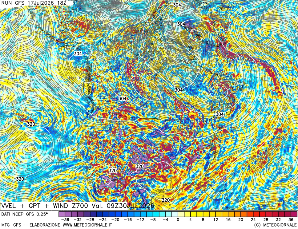 mappa 700 hPa Velocit&agrave; verticiali + GPT + Vento