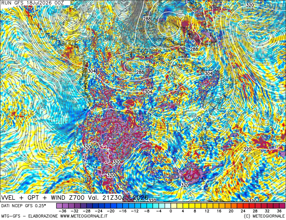 mappa 700 hPa Velocit&agrave; verticiali + GPT + Vento