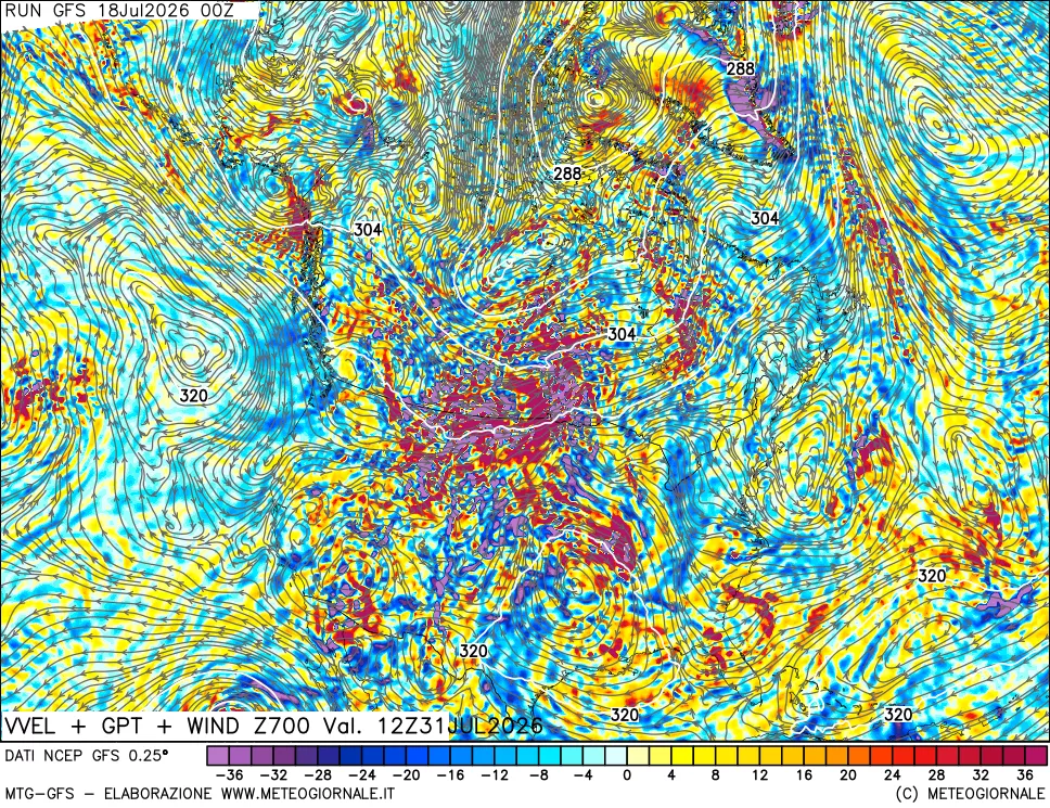 mappa 700 hPa Velocit&agrave; verticiali + GPT + Vento