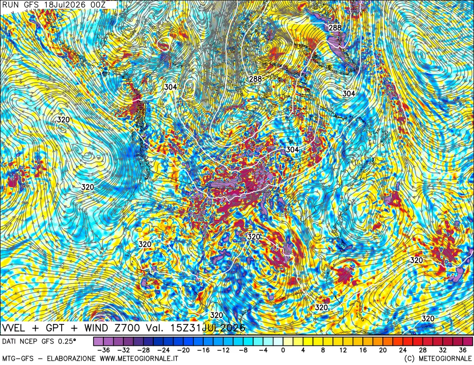 mappa 700 hPa Velocit&agrave; verticiali + GPT + Vento