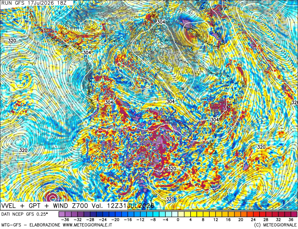 mappa 700 hPa Velocit&agrave; verticiali + GPT + Vento