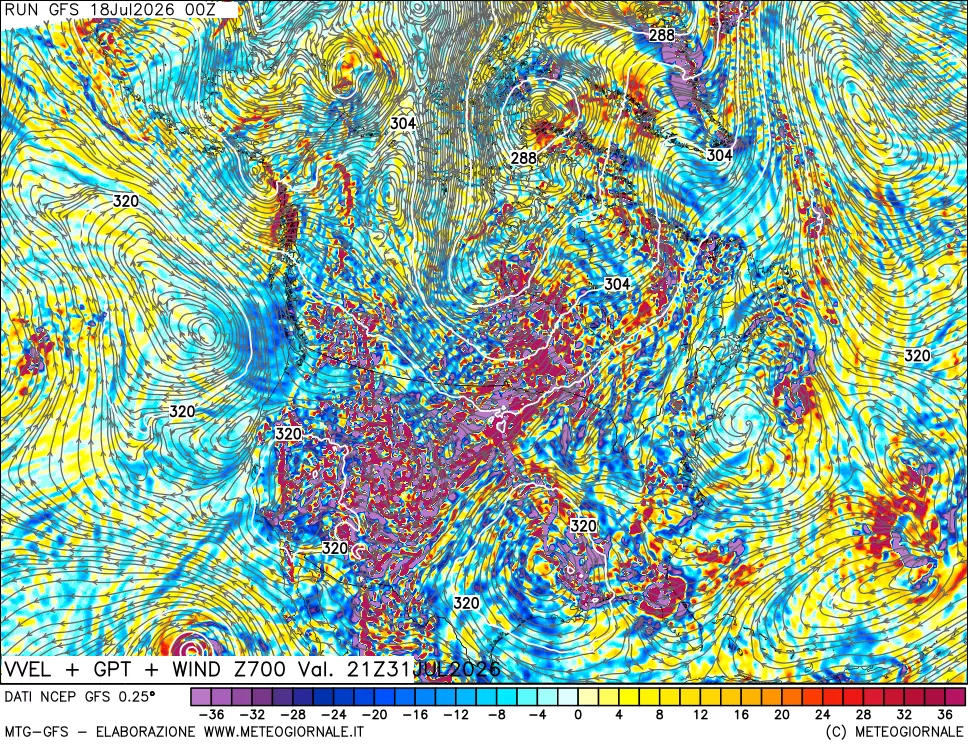 mappa 700 hPa Velocit&agrave; verticiali + GPT + Vento