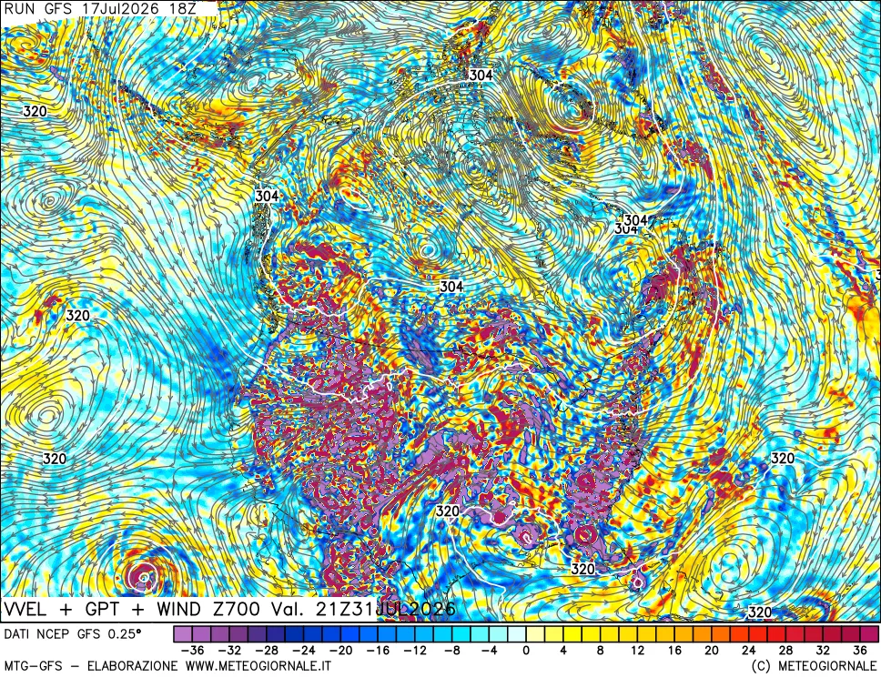 mappa 700 hPa Velocit&agrave; verticiali + GPT + Vento