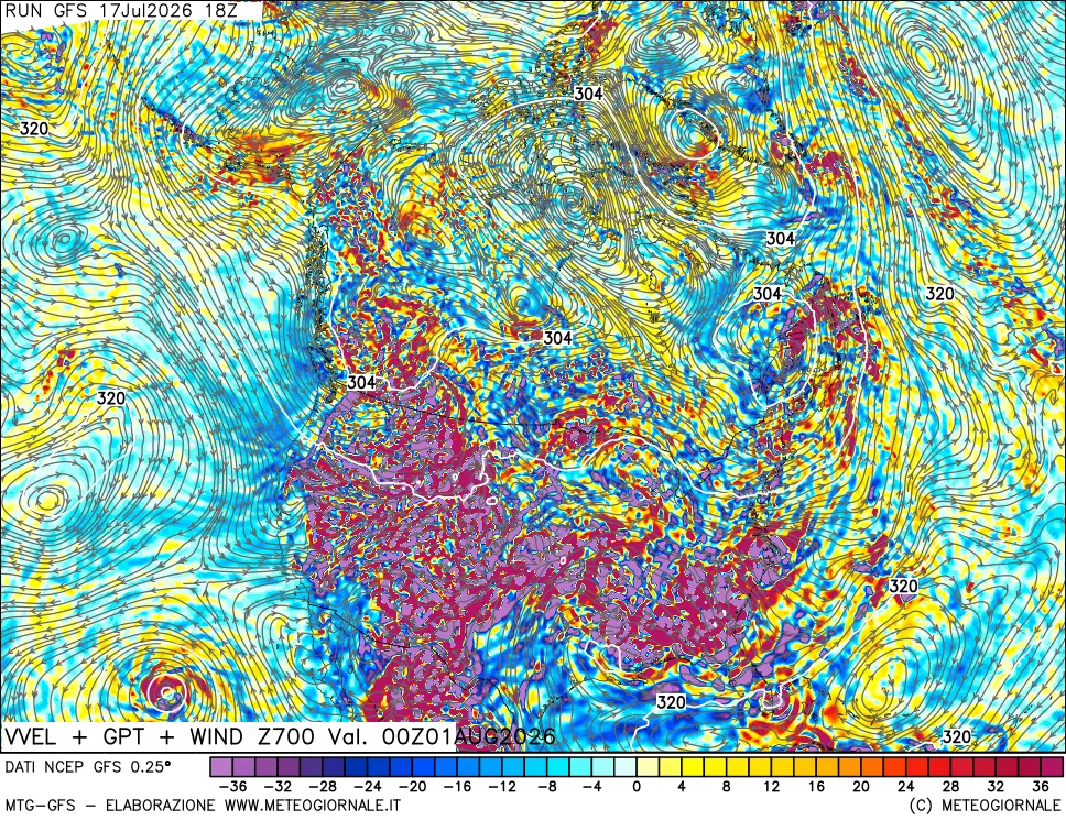 mappa 700 hPa Velocit&agrave; verticiali + GPT + Vento