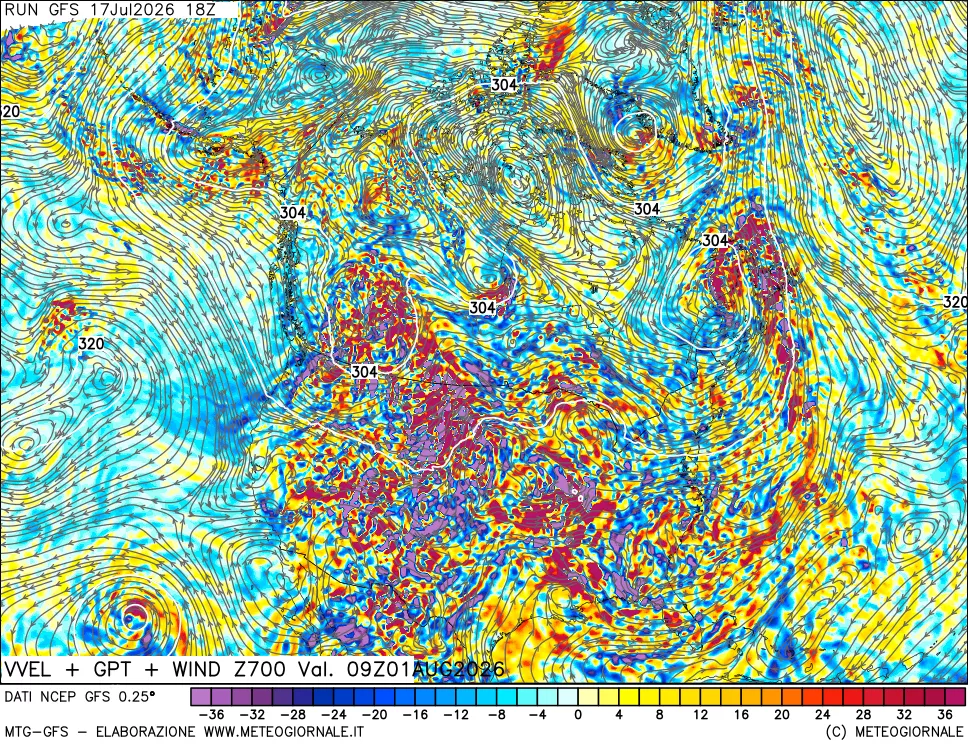 mappa 700 hPa Velocit&agrave; verticiali + GPT + Vento