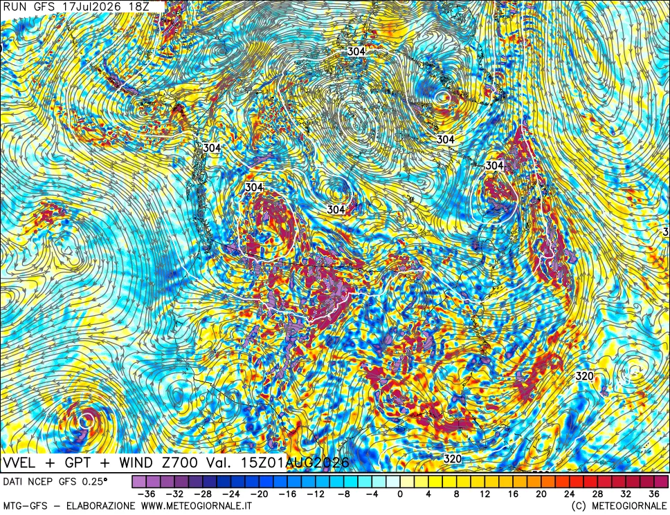 mappa 700 hPa Velocit&agrave; verticiali + GPT + Vento