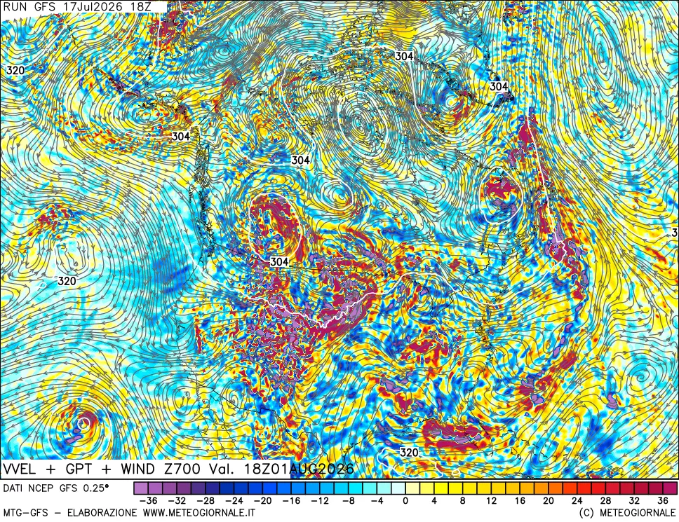 mappa 700 hPa Velocit&agrave; verticiali + GPT + Vento
