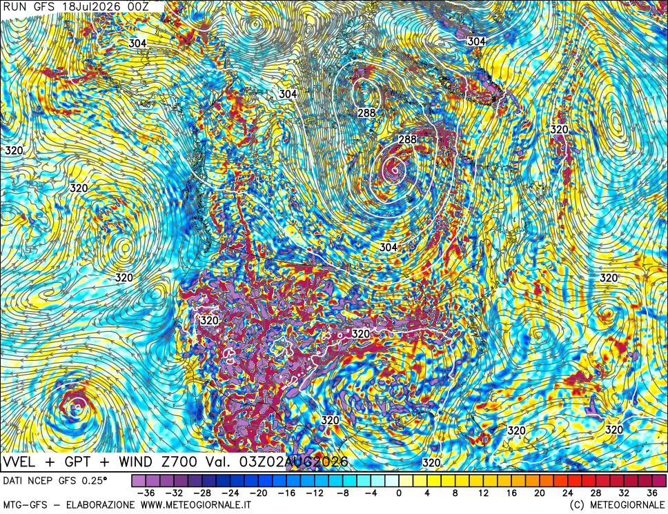 mappa 700 hPa Velocit&agrave; verticiali + GPT + Vento