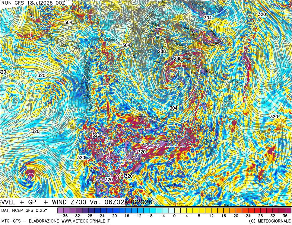 mappa 700 hPa Velocit&agrave; verticiali + GPT + Vento