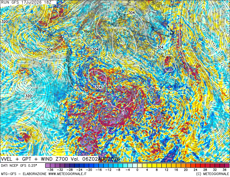 mappa 700 hPa Velocit&agrave; verticiali + GPT + Vento