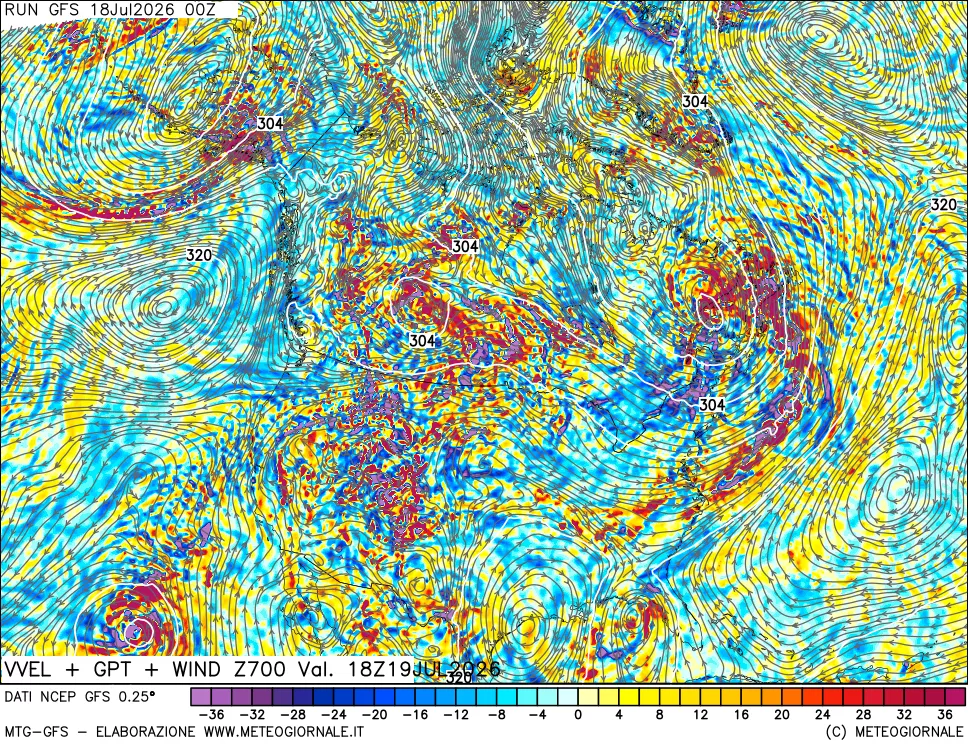 mappa 700 hPa Velocit&agrave; verticiali + GPT + Vento