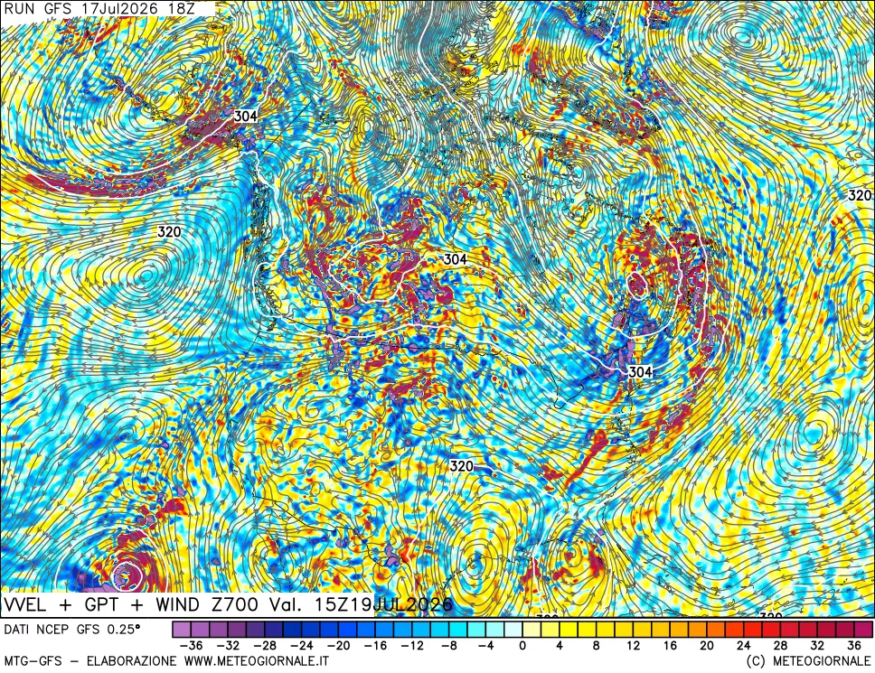 mappa 700 hPa Velocit&agrave; verticiali + GPT + Vento