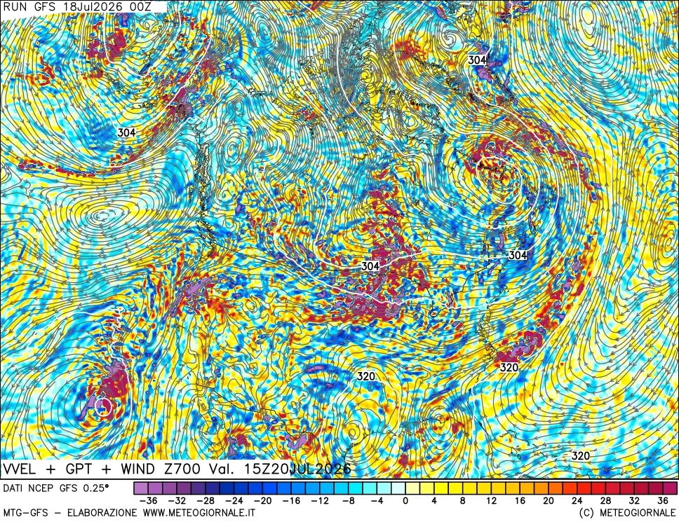 mappa 700 hPa Velocit&agrave; verticiali + GPT + Vento