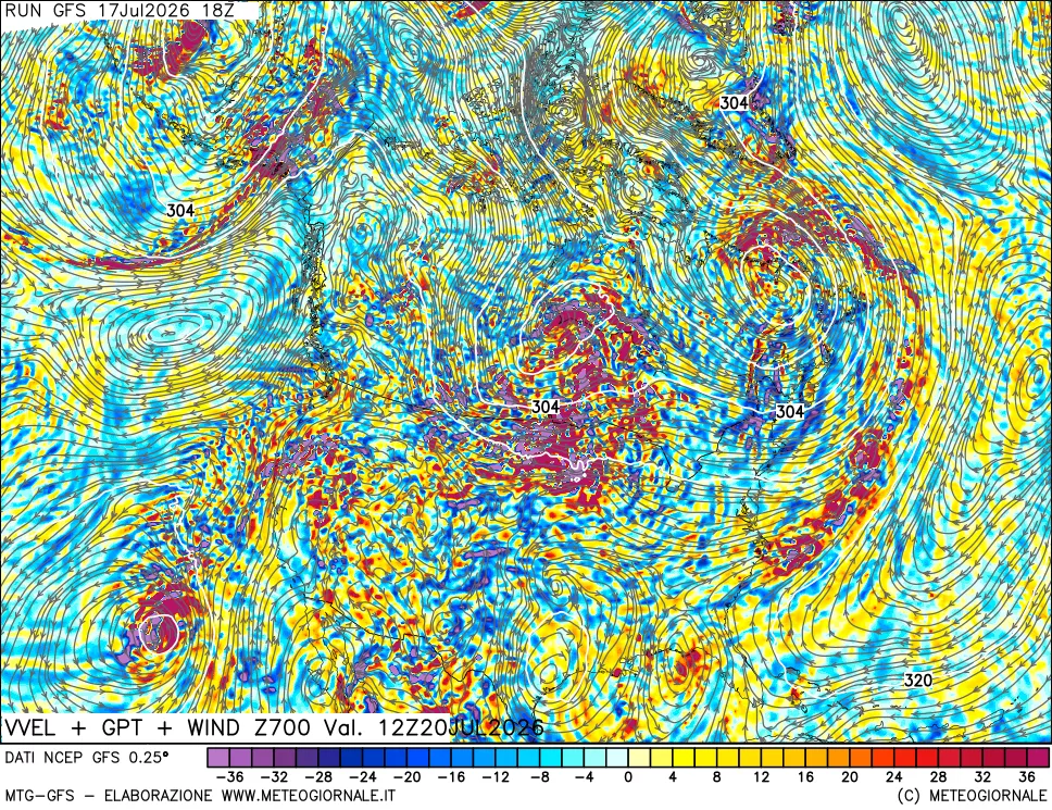 mappa 700 hPa Velocit&agrave; verticiali + GPT + Vento