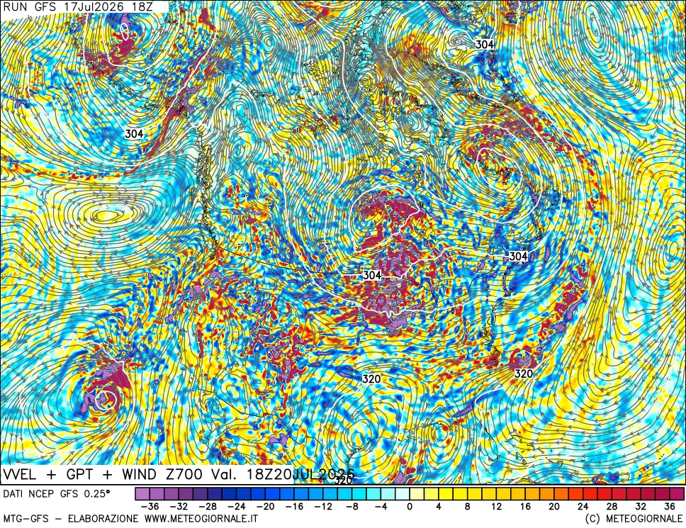 mappa 700 hPa Velocit&agrave; verticiali + GPT + Vento