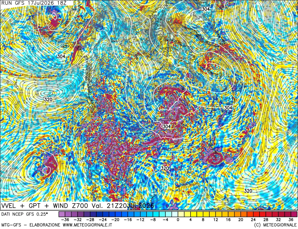 mappa 700 hPa Velocit&agrave; verticiali + GPT + Vento